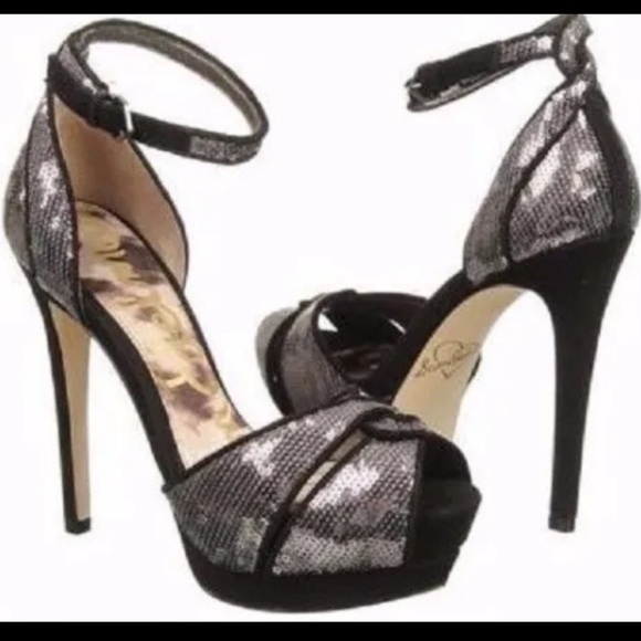 Sam Edelman Paisley sequin ankle strap heels open toe silver black sandals 6 1/2 - Picture 1 of 9